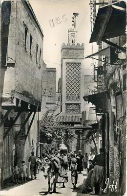 Fès — rua movimentada com minarete — Edições JEFF, n° 76 Rue en Médine