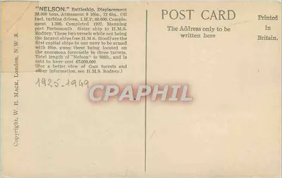 H.M.S. NELSON — Brytyjski statek wojenny — W. E. Mack, Londyn — Rewers