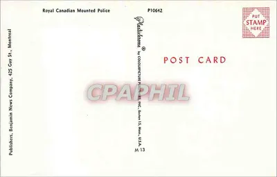 Sergente da Royal Canadian Mounted Police a cavalo — editor Benjamin News Company, série M13 — Verso