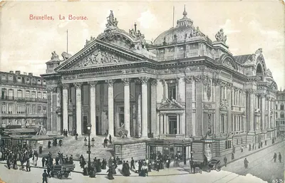 Bruxelas, A Bolsa — vista do edifício neoclássico com colunatas e esculturas — editor F. & A. Arnhem, n° 853
