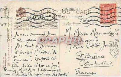 Colégio de Trinity, Grande Porta, Cambridge — desenho de Charles F. Bligh — editor Tuck's Post Card — Verso