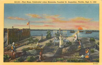 Primeira missa celebrada por Menéndez em St. Augustine, Flórida — 8 de setembro de 1565 — editor Duval News Company, Jacksonville, Fla.