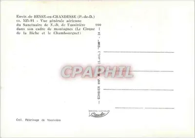 Besse-en-Chandesse — Ogólny widok z powietrza świątyni N.-D. de Vassinière w jej górskim otoczeniu (Le Cirque de la Biche i Chambourguet) — CINM — Rewers