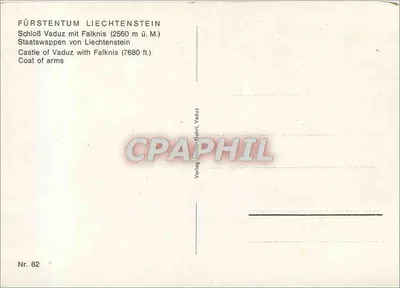 Castelo de Vaduz — Principado do Liechtenstein — Editor Alphus Oehnli, Vaduz, n° 82 — Verso