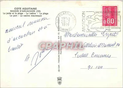 Arcachon — widok panoramiczny, plaża, port, kasyno — wydawca Thédiac, nr 10 — Rewers