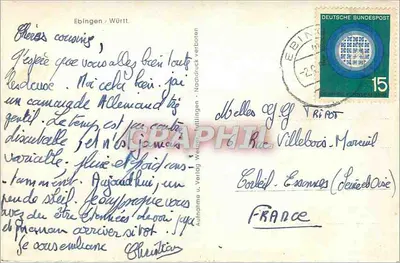 Ebingen — Centralna plac z fontanną i budynkami z drewnianymi belkami — Buchhandlung — Rewers