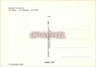 Bilhôme (P.-de-D.) — La Place, La Fontaine, La Halle — Editore Combier — Verso