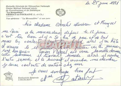 Centro Médico Nacional misto "La Menaudière" — Chissay-en-Touraine — editor Cin — Verso