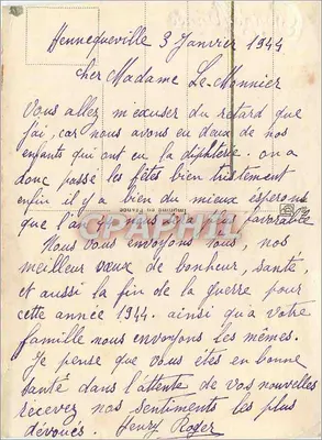 Róża — kartka z wizytówką z drukowanym tekstem i ręcznym pismem — Hennnequeville, 3 stycznia 1944 — Rewers