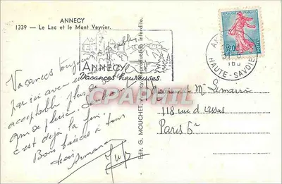 Annecy — O Lago e o Monte Veyrier — Edit. G. Mouchet, n°1339 — Verso