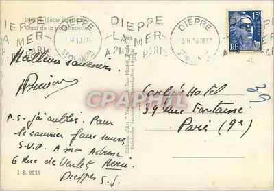 Dieppe - Quai de la Poissonnerie — widok portu z łodzią — J. LION — Rewers