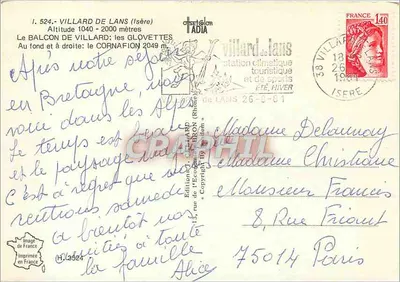 Villard de Lans — O Balcon de Villard; as Glovettes — Edições J. Deléon — Verso