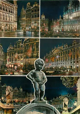 Place Royale em Bruxelas — vista noturna com a fonte do Petit Mâtin — editor Thilli, n°100/5