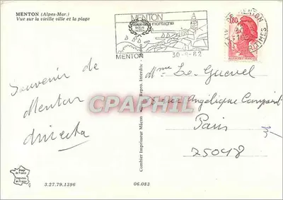 Menton (Alpes-Mar.) — Widok na stary miasto i plażę — Wydawca Mâcon — Rewers