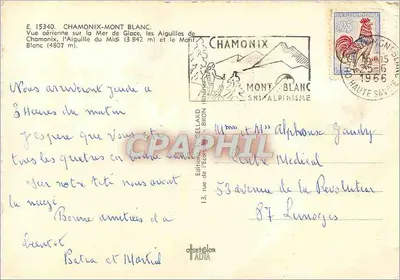 Chamonix-Mont Blanc — Widok z powietrza, Aiguilles de Chamonix, Aiguille du Midi (3842 m) i Mont Blanc (4807 m) — Wydawnictwo Écon-Brion — Rewers