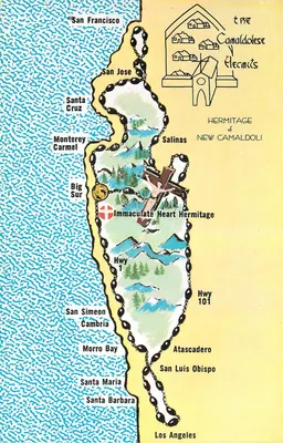 Ilustrowana kartka z wizytówka z wybrzeża Big Sur — Immaculate Heart Hermitage i Camaldolezjanie — wydane przez Dexter Press, Inc.