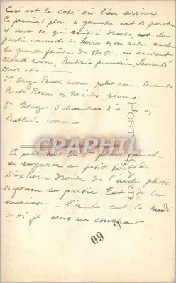Dom z kamienia pokryty lianami — opis wnętrza — pocztówka — Rewers
