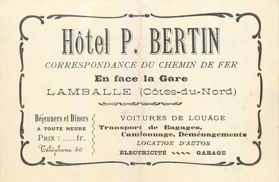 Hotel P. Bertin — Correspondência ferroviária, Lamballe (Côtes-du-Nord)