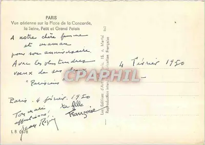 Paris — Vue aérienne sur la Place de la Concorde, la Seine, Petit et Grand Palais — Les Éditions d'Art Interfrançaise, n° 832 — Verso