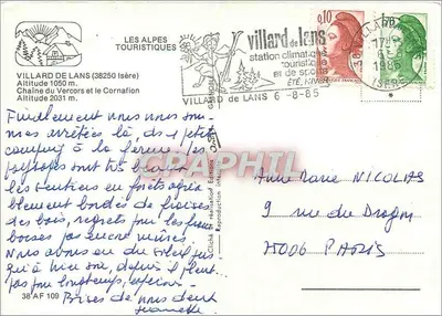 Villard-de-Lans — stacja klimatyczna i sportowa — wydawca Les Alpes Touristiques, n° 38 AF 109 — Rewers