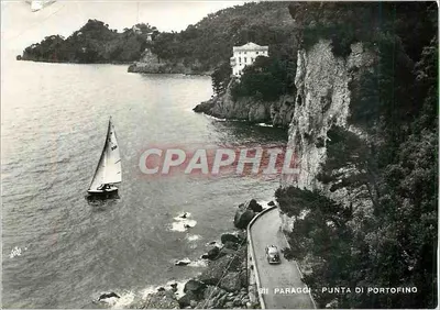 Paraggi - Punta di Portofino — widok wybrzeża z jachtem i samochodem — wydawca Angeli, nr 311