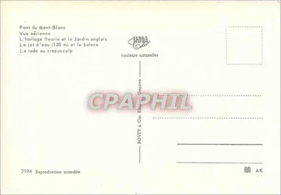 Genebra — vista aérea, ponte, jardim, jato d'água — editor ROVEY & Cie, n° 3194 — Verso