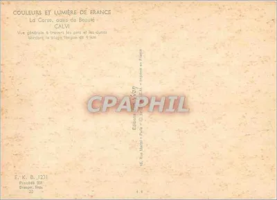 Calvi — Vista geral através dos pinheiros e dunas que bordam a praia — Verso