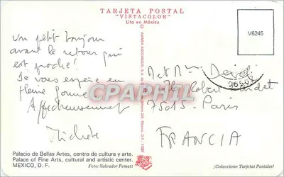 Palácio das Artes Bellas — Cidade do México — Carta Postal "Vistacolor" n° V6245 — Verso