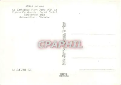 Reims (Marne) — A Catedral Nossa Senhora (século XIII) — Fachada Ocidental, Portal Central, Lateral Direita, Anunciação - Visitação — Service Commercial Documents Historiques Grand Perais — Verso