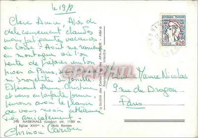 Igreja de Santa Maria de Nasbinals — Estilo romano — Sociedade das Cartas Postais APA-POUX — Verso