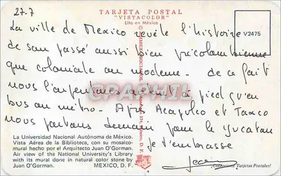Biblioteca dell'Università Nazionale Autonoma del Messico — murale di Juan O’Gorman — editore Cartolina Postale 'Vistacolor' — Verso