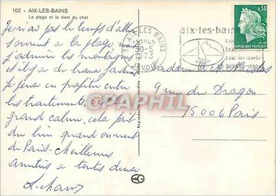 Aix-les-Bains — A praia e a dent du chat — Bilhete postal antigo n°102 — Verso