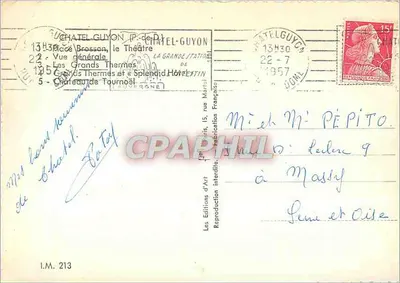 Châtel-Guyon — vista geral, teatro, grandes termas, hotel, castelo — Les Éditions d'Art — Verso