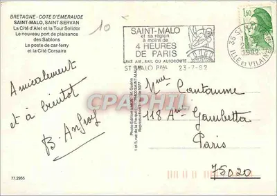 Saint-Malo e Saint-Servan — visão panorâmica e porto — Editor M. Guérin, n°77.2955 — Verso
