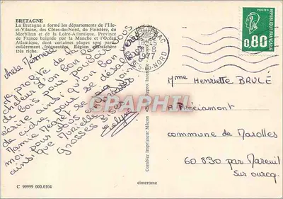 En Bretaña — tarjeta postal panorámica con mapa y lugares emblemáticos — Impresor Mecánico Cimérome — Reverso