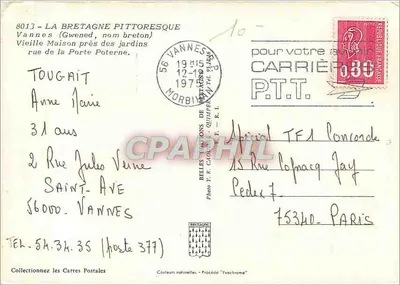 Vannes (Gwened, nazwa bretońska) — Stara domowa blisko ogrodu — Fotografia Y. Caouron, F. R.I. — Rewers