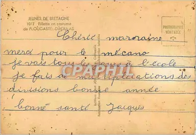 Menina vestindo traje de Plougaastel-Daoulas — Jovens da Bretanha, n°1077 — Edições Châteaubriant — Verso