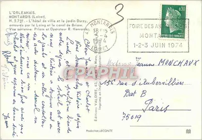 Montargis (Loiret) — Hotel miejski i ogród Durzy otoczony Loingiem i kanałem Briare — Wydawnictwo Valdore — Rewers