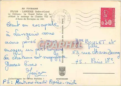 O Grande Salão do Castelo de Langeais — Editor MEXICHROME, n° 375/536 — Verso