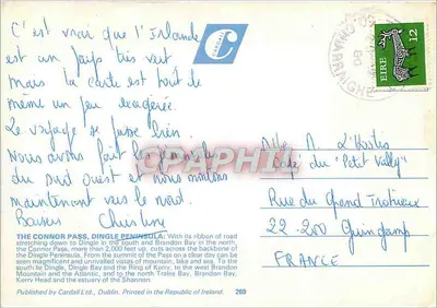 The Connor Pass, Dingle Peninsula, Co. Kerry, Ireland — Carte postale publiée par Cardall Ltd. — Verso