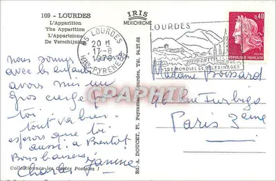 Lourdes — La Aparición — Ed. A. Doucet, Pl. Peyrannac, Lourdes — Reverso