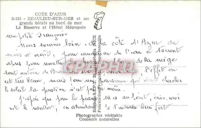 Côte d'Azur — Beaulieu-sur-Mer i jej wielkie hotele przy morzu — La Réserve i Hotel Métropole — Wydawnictwo S.E.P.R. 35, rue Corbella Nice — Rewers