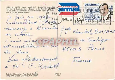 Statua Wolności — Wyspa Wolności, N.Y. — Wyd. przez Manhattan Post Card Co., Inc. — Rewers