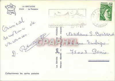 O Finistère — Carta postal ilustrada com mapa geográfico e personagens — Jean, Les Éditions Finistère — Verso