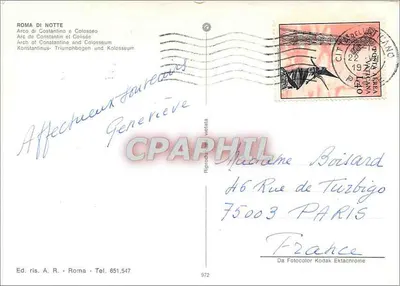Coliseu e Arco de Constantino em Roma — noite — Ed. ris. A.R. n° 972 — Verso