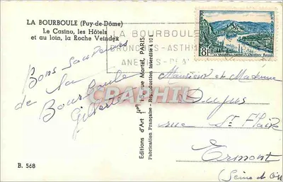 La Bourboule (Puy-de-Dôme) — Kasyno, hotele i w oddali Roche Veindex — Éditions d'Art Française, seria B. 568 — Rewers