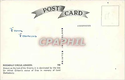 Piccadilly Circus, Londres — estátua de Eros — n° 750 — Verso