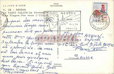 Nowoczesna pocztówka Côte d'Azur Menton Hotel Paris Palace Promenade Plages widok w stronę Włoch — Rewers