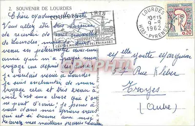 Lourdes — widok panoramiczny, świątynia, jaskinia i most — Souvenir de Lourdes, wydawca Graphil — Rewers