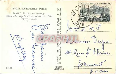 Prieuré Sainte-Gauburge — Widok kominka przedstawiającego Adama i Ewę — Wydawca Estel, nr 21259 — Rewers